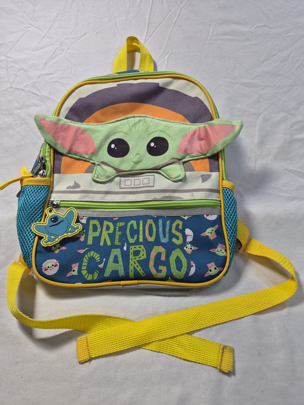 Bioworld Kids Backpack with Green Baby Yoda Face & Yellow Straps